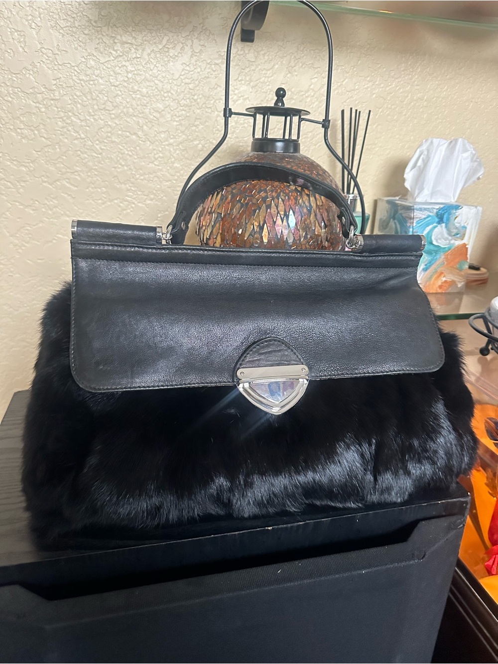 Black real rabbit Fur Top-Handle Shoulder Bag with Silver Hardware